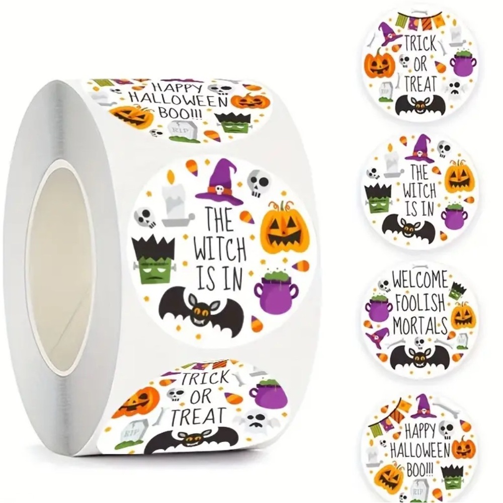 500 Halloween Stickers Roll - Spooky "Trick or Treat" & Witch Themed